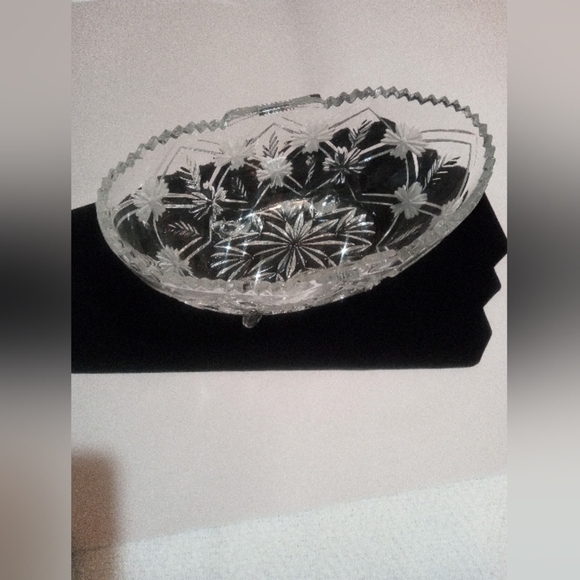 Bohemian Cut Glass Lead Crystal Footed Oblong Bowl Sawtooth Edge Daisy Etched - Picture 2 of 5